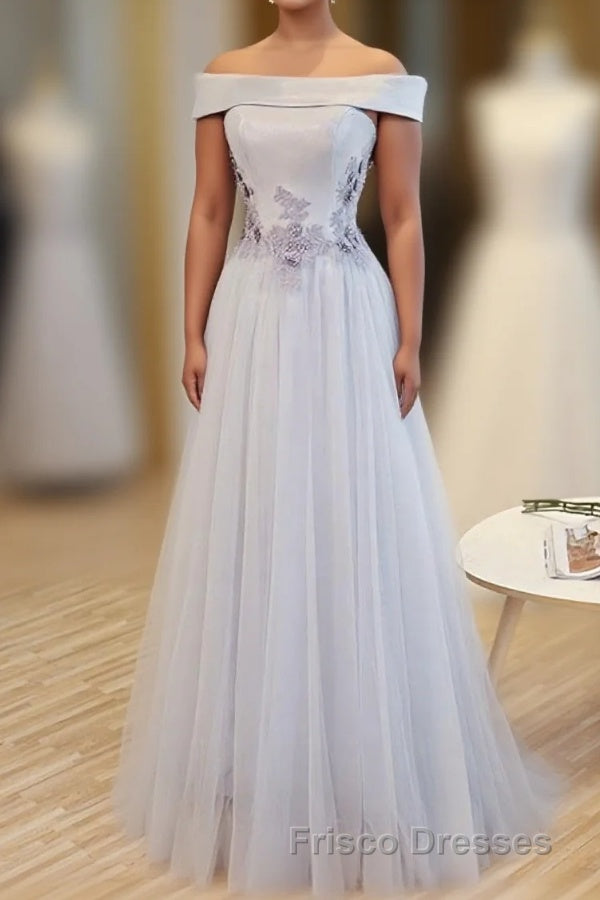 Gray A Line Off Shoulder Floor Length Formal Prom Dress, Lace Evening Dress