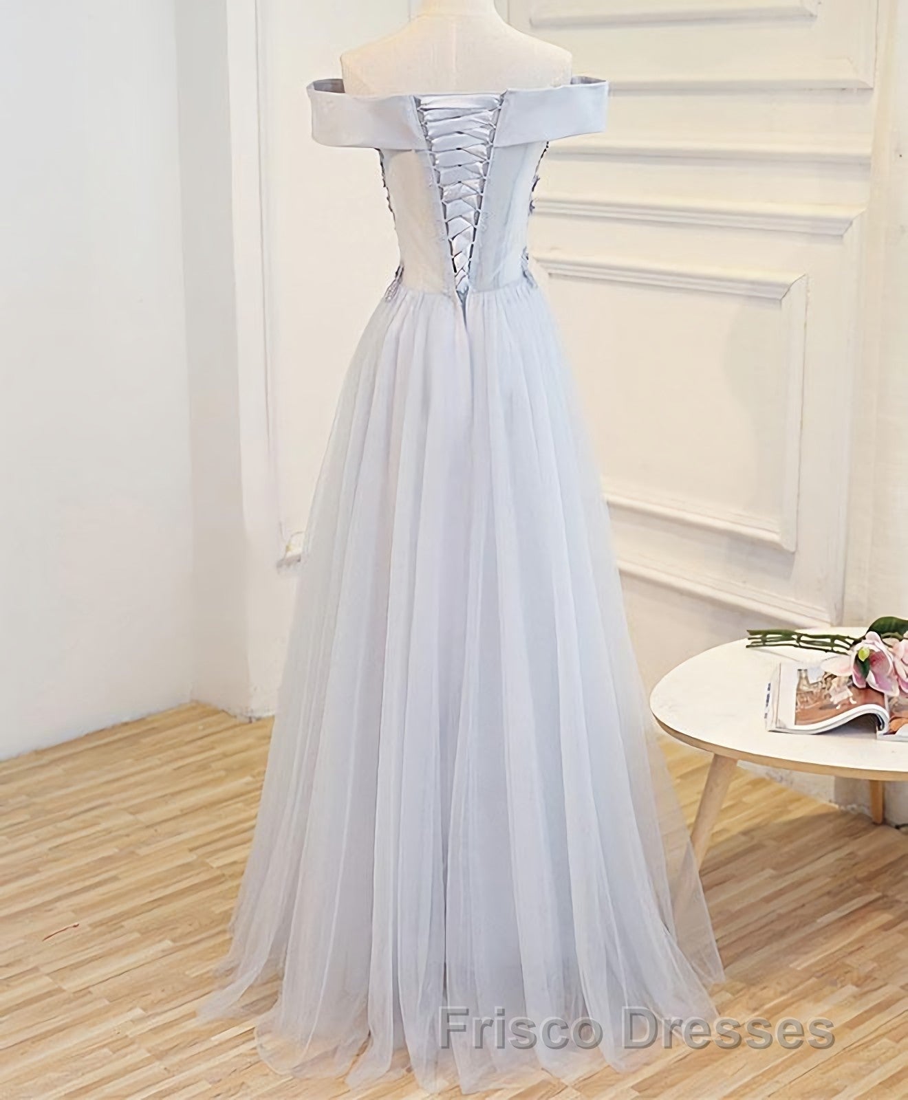 Gray A Line Off Shoulder Floor Length Formal Prom Dress, Lace Evening Dress