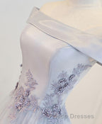 Gray A Line Off Shoulder Floor Length Formal Prom Dress, Lace Evening Dress