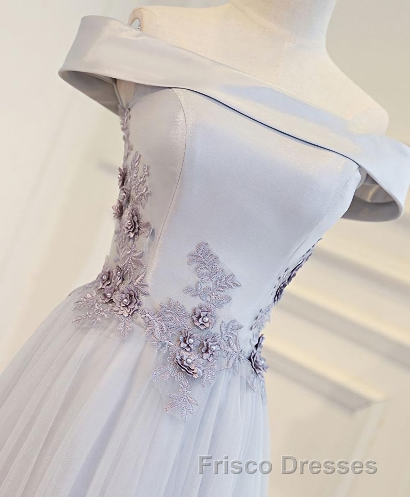 Gray A Line Off Shoulder Floor Length Formal Prom Dress, Lace Evening Dress