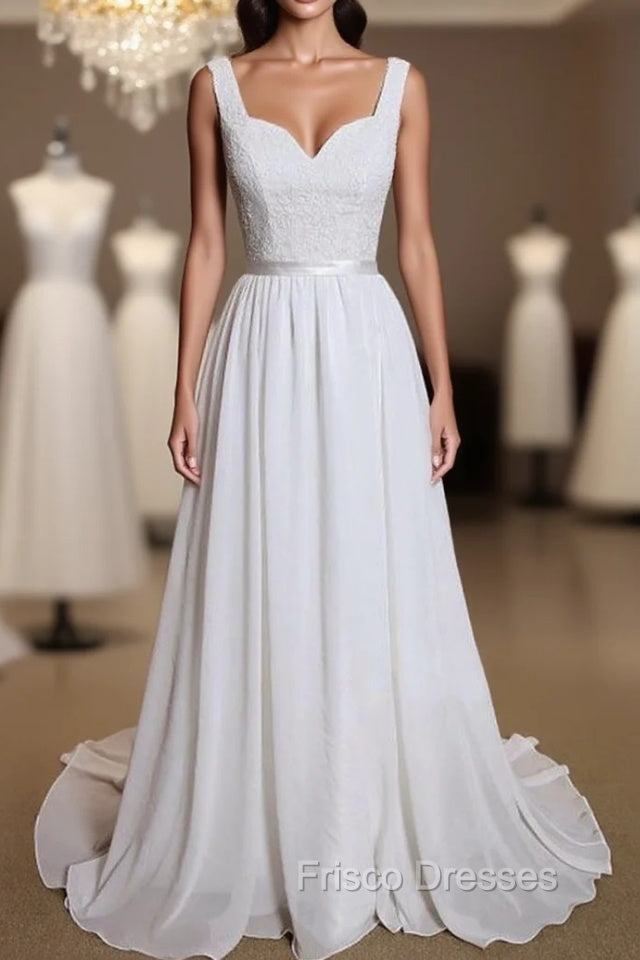Noble A-Line Shoulder Strap With Chiffon Patch Flower Dew Back And Ground Length Wedding Dress Main image