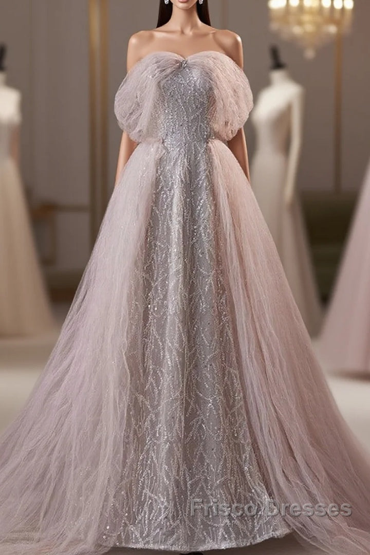 Noble And Charming Dark Pink Beaded Sequins Off The Shoulder Short Sleeved Ball Dress, Dark Pink A-Shaped Princess Backless Strap And Ground Length Evening Dress Main image