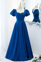 Noble And Elegant Blue Satin Retro Square Neck Short Sleeved Ball Dress With Blue Backless Strap And Floor Length Evening Dress