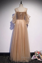 Noble And Elegant Champagne Beaded Long Sleeved Off Shoulder Ball Dress Champagne A-Line Princess Off Shoulder Strap And Floor Length Formal Prom Dress