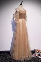 Noble And Elegant Champagne Beaded Long Sleeved Off Shoulder Ball Dress Champagne A-Line Princess Off Shoulder Strap And Floor Length Formal Prom Dress