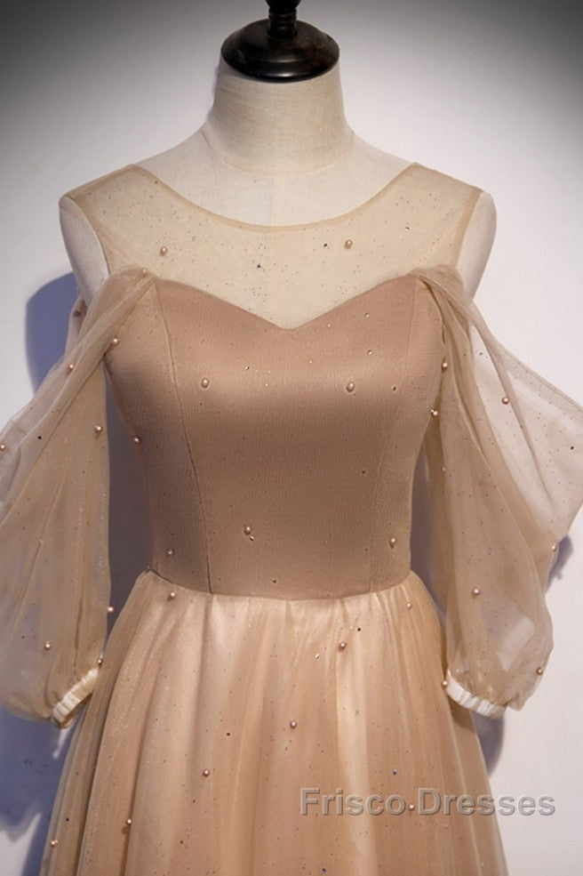 Noble And Elegant Champagne Beaded Long Sleeved Off Shoulder Ball Dress Champagne A-Line Princess Off Shoulder Strap And Floor Length Formal Prom Dress