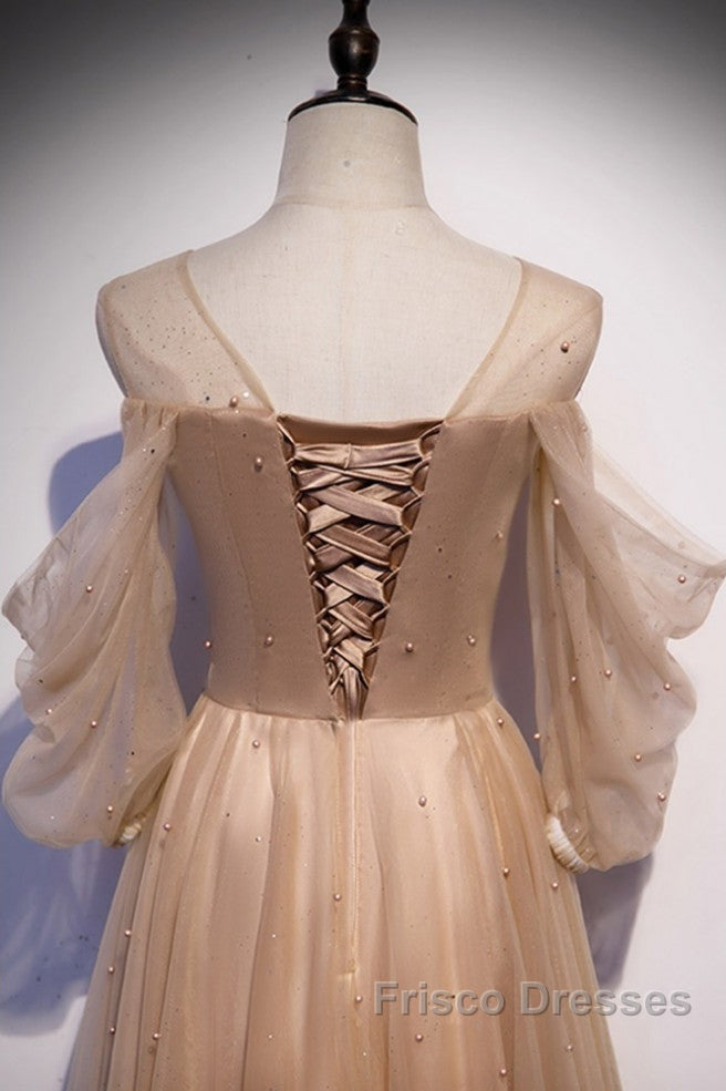 Noble And Elegant Champagne Beaded Long Sleeved Off Shoulder Ball Dress Champagne A-Line Princess Off Shoulder Strap And Floor Length Formal Prom Dress