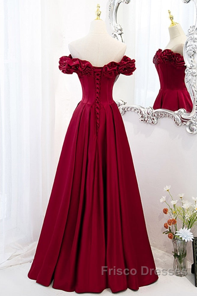 Noble And Elegant Wine Red Sleeveless Off Shoulder Beaded Ball Dress With Wine Red A-Shaped Backless Strap And Ground Length Ruffled Hem Formal Prom Dress Secondary image