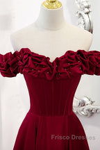 Noble And Elegant Wine Red Sleeveless Off Shoulder Beaded Ball Dress With Wine Red A-Shaped Backless Strap And Ground Length Ruffled Hem Formal Prom Dress