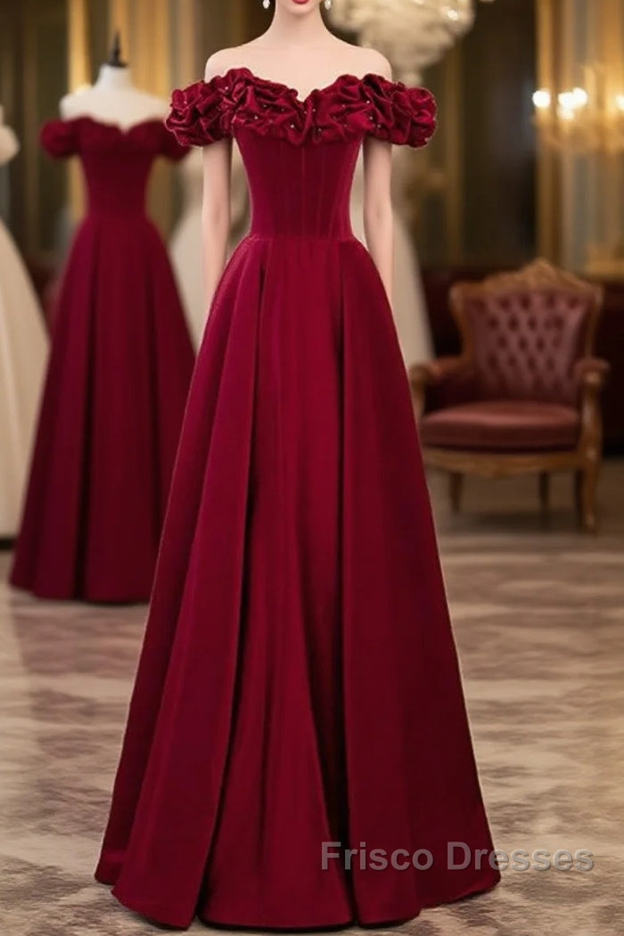 Noble And Elegant Wine Red Sleeveless Off Shoulder Beaded Ball Dress With Wine Red A-Shaped Backless Strap And Ground Length Ruffled Hem Formal Prom Dress Main image