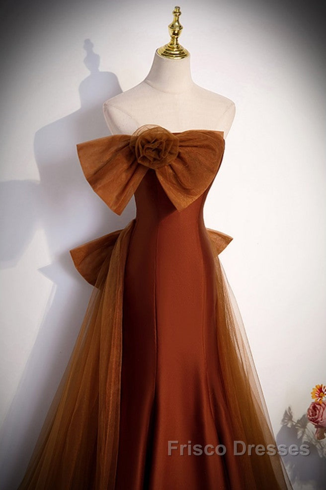 Noble And Unique Chocolate Sleeveless Formal Prom Dress Chocolate Mermaid Strapless Tulle Butterfly Knot Dew Back Strap Long And Floor Evening Dress Secondary image