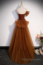 Noble And Unique Chocolate Sleeveless Formal Prom Dress Chocolate Mermaid Strapless Tulle Butterfly Knot Dew Back Strap Long And Floor Evening Dress