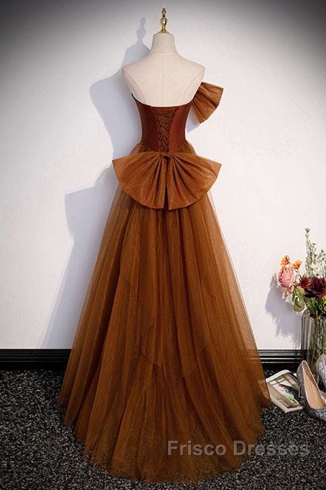 Noble And Unique Chocolate Sleeveless Formal Prom Dress Chocolate Mermaid Strapless Tulle Butterfly Knot Dew Back Strap Long And Floor Evening Dress