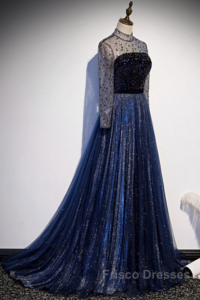 Noble Navy Blue Perspective High Neck Long Sleeved Water Diamond Sequin Ball Dress Navy Blue A-Line Princess Sparkling Backless Tulle Sweeping Tail Ruffle Edge Evening Dress Secondary image