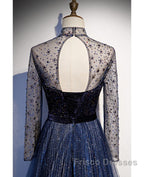 Noble Navy Blue Perspective High Neck Long Sleeved Water Diamond Sequin Ball Dress Navy Blue A-Line Princess Sparkling Backless Tulle Sweeping Tail Ruffle Edge Evening Dress