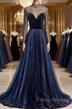 Noble Navy Blue Perspective High Neck Long Sleeved Water Diamond Sequin Ball Dress Navy Blue A-Line Princess Sparkling Backless Tulle Sweeping Tail Ruffle Edge Evening Dress