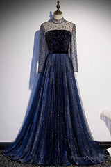 Noble Navy Blue Perspective High Neck Long Sleeved Water Diamond Sequin Ball Dress Navy Blue A-Line Princess Sparkling Backless Tulle Sweeping Tail Ruffle Edge Evening Dress