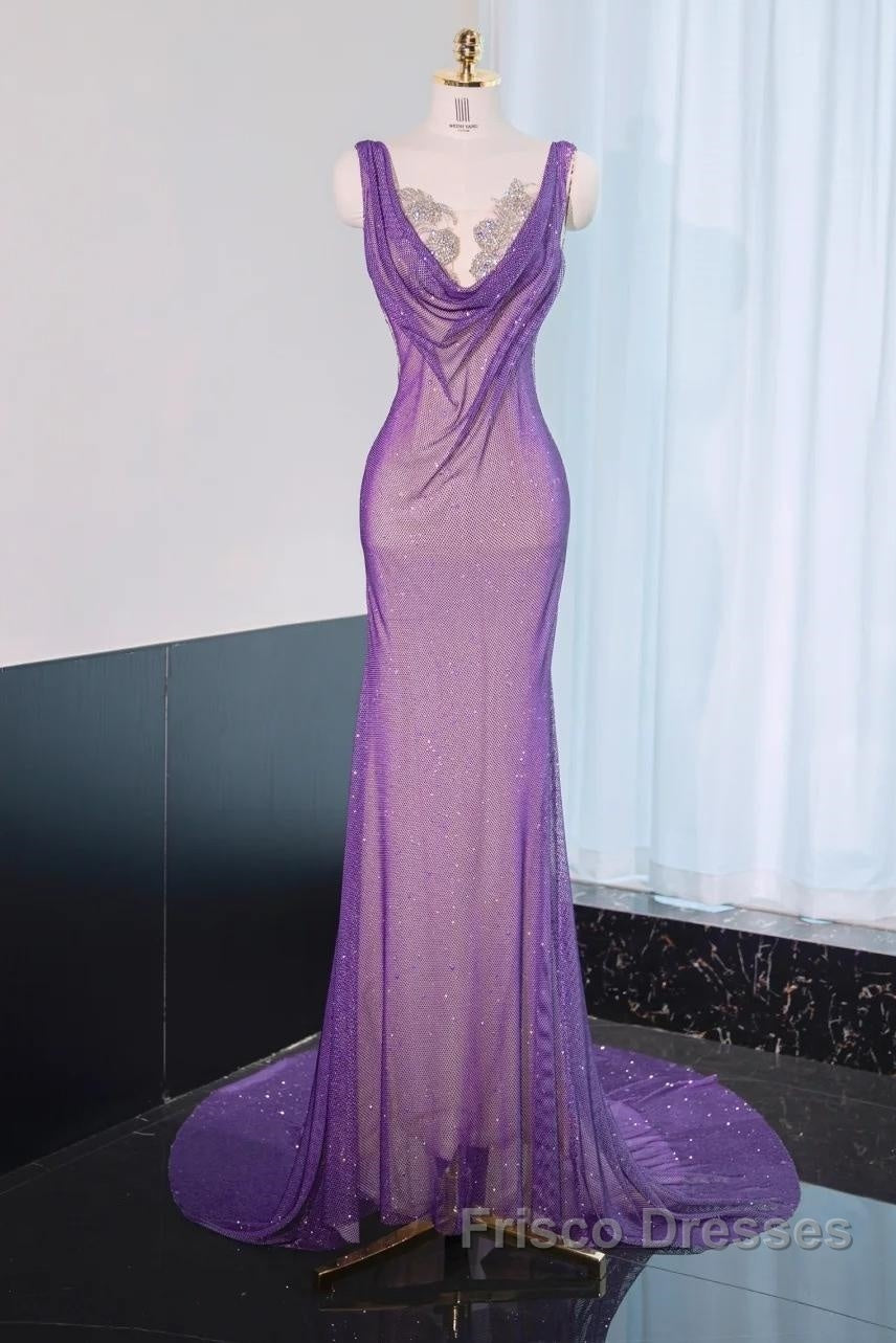 Noble Purple Mermaid Gown - Glitter Rhinestone Tulle Formal Prom Dress For Special Ocassions