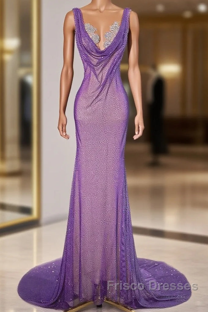 Noble Purple Mermaid Gown - Glitter Rhinestone Tulle Formal Prom Dress For Special Ocassions Main image