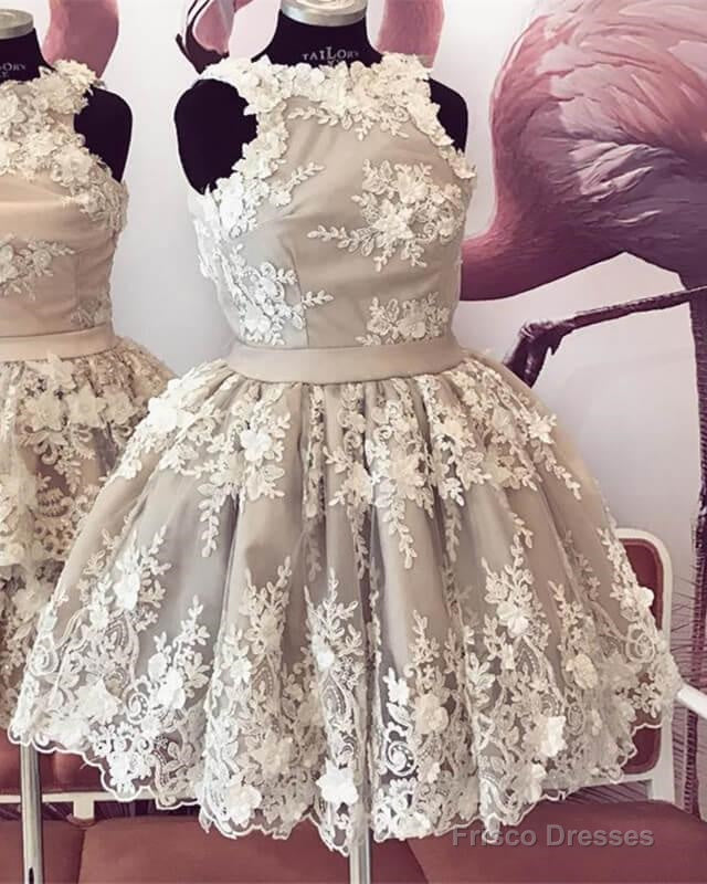 Nude Halter Homecoming Dress With Ivory Lace Flowers Main image