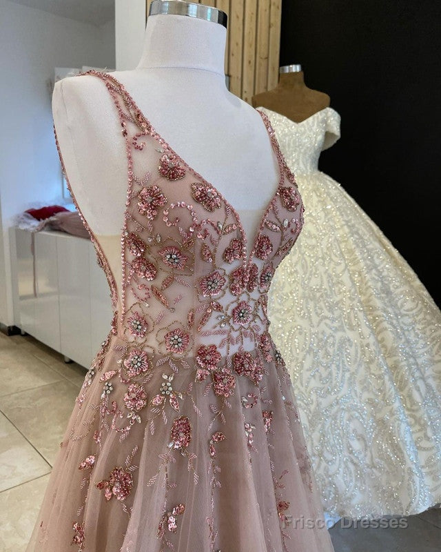 Nude Tulle Prom Dresses V Neck Beaded Secondary image