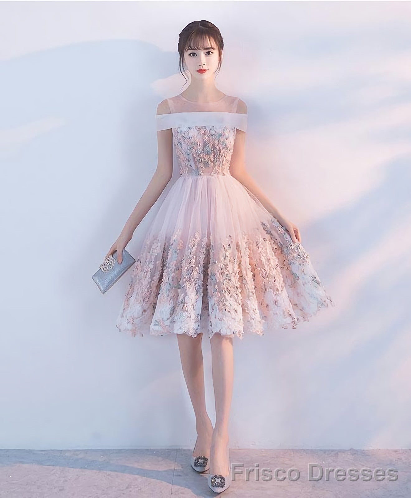 Pink Lace Tulle Short Prom Dress Pink Homecoming Dress Main image