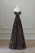 Off Shoulder A-Line Coffee Gold Sequin Long Formal Prom Dress, Coffee Gold Evening Dress