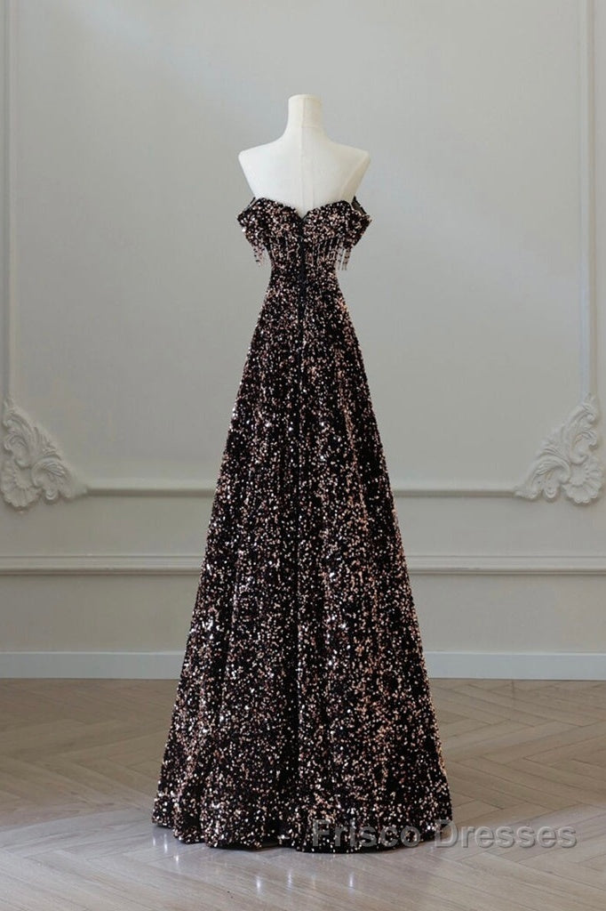 Off Shoulder A-Line Coffee Gold Sequin Long Formal Prom Dress, Coffee Gold Evening Dress