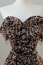 Off Shoulder A-Line Coffee Gold Sequin Long Formal Prom Dress, Coffee Gold Evening Dress