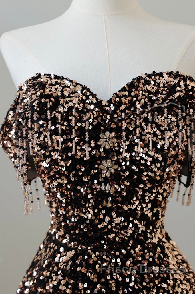 Off Shoulder A-Line Coffee Gold Sequin Long Formal Prom Dress, Coffee Gold Evening Dress