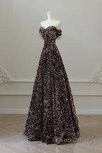 Off Shoulder A-Line Coffee Gold Sequin Long Formal Prom Dress, Coffee Gold Evening Dress