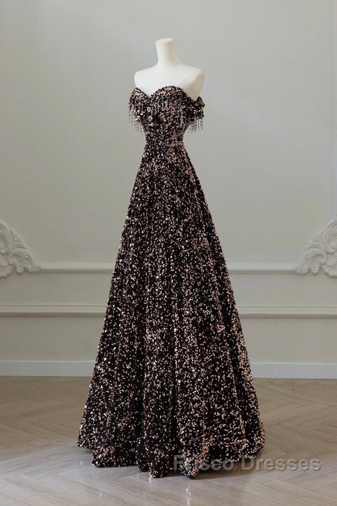 Off Shoulder A-Line Coffee Gold Sequin Long Formal Prom Dress, Coffee Gold Evening Dress
