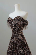 Off Shoulder A-Line Coffee Gold Sequin Long Formal Prom Dress, Coffee Gold Evening Dress