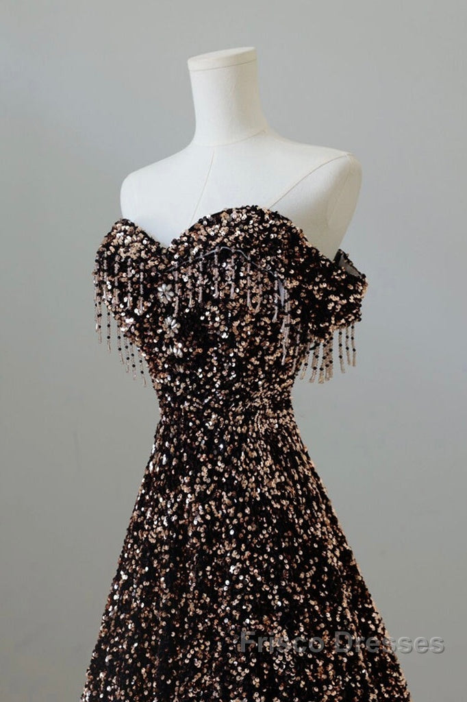 Off Shoulder A-Line Coffee Gold Sequin Long Formal Prom Dress, Coffee Gold Evening Dress