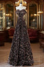Off Shoulder A-Line Coffee Gold Sequin Long Formal Prom Dress, Coffee Gold Evening Dress