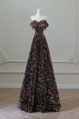 Off Shoulder A-Line Coffee Gold Sequin Long Prom Dress, Coffee Gold Evening Dress