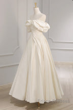 Off Shoulder A-Line Satin Beige Long Formal Prom Dress, Beige Long Formal Dress