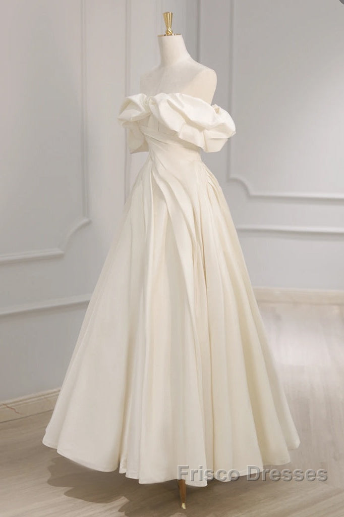 Off Shoulder A-Line Satin Beige Long Formal Prom Dress, Beige Long Formal Dress