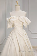 Off Shoulder A-Line Satin Beige Long Formal Prom Dress, Beige Long Formal Dress