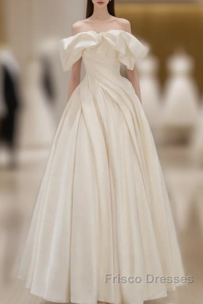 Off Shoulder A-Line Satin Beige Long Formal Prom Dress, Beige Long Formal Dress Main image