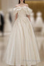Off Shoulder A-Line Satin Beige Long Formal Prom Dress, Beige Long Formal Dress