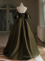 Off Shoulder A-Line Satin Green Long Party Dress, Green Formal Dress Formal Prom Dress