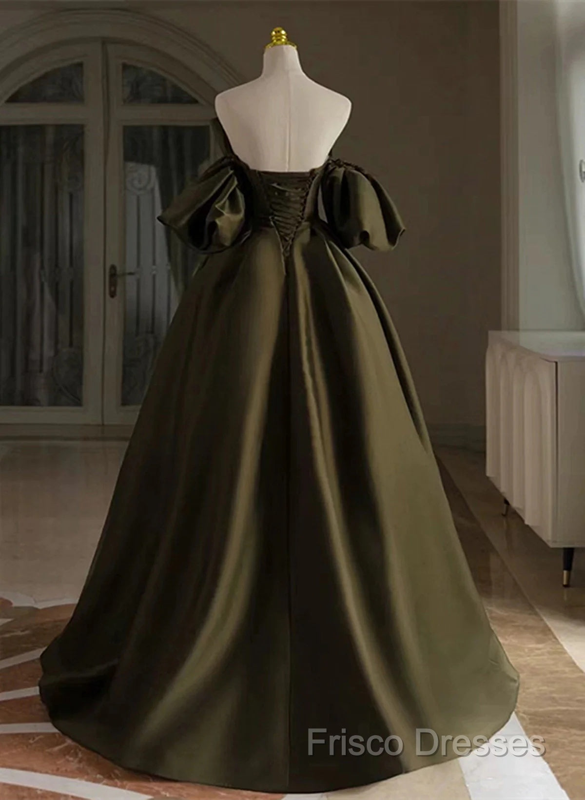 Off Shoulder A-Line Satin Green Long Party Dress, Green Formal Dress Formal Prom Dress