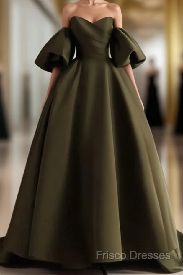 Off Shoulder A-Line Satin Green Long Party Dress, Green Formal Dress Formal Prom Dress