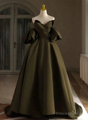 Off Shoulder A-Line Satin Green Long Party Dress, Green Evening Dress Prom Dress