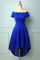 Off Shoulder Asymmetrical Dress Royal Blue Homecoming Dress