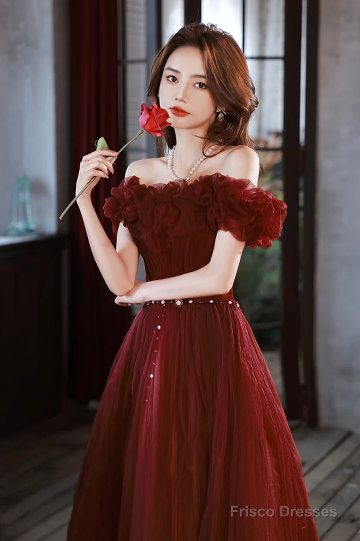 Off Shoulder Beaded Tulle Long Party Dress, A-Line Tulle Long Formal Dress Prom Dress