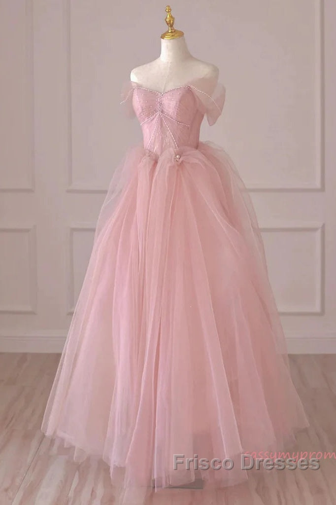 Off Shoulder Beading Pink Tulle Princess Formal Prom Dress Secondary image