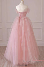 Off Shoulder Beading Pink Tulle Princess Formal Prom Dress