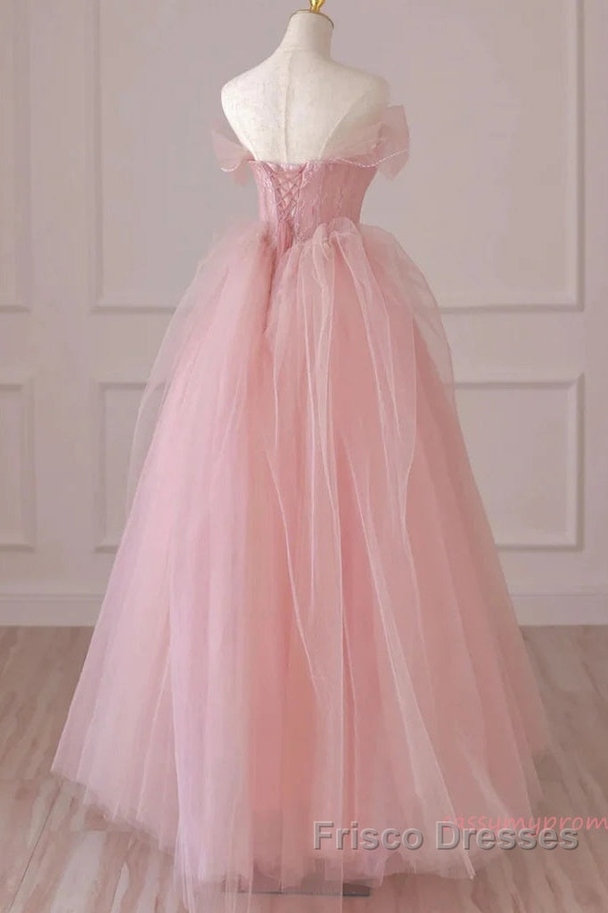 Off Shoulder Beading Pink Tulle Princess Formal Prom Dress